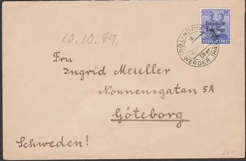 Auslandsbrief aus Glindow über Werder (Havel) nach Göteborg Schweden portogenau, SBZ 194