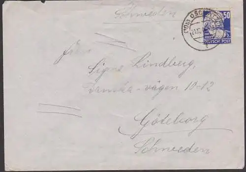 Karl Marx 50 Pf. Köpfe I Auslandsbrief aus Oschatz nach Göteborg Schweden portogenau, SBZ 224