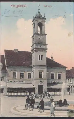 Königsbrück Rathaus mit Ratskeller Springbrunnen 1911 mit Bahnhpoststempel KLOTZSCHE - KÖNIGSBRÜCK Zug 2736