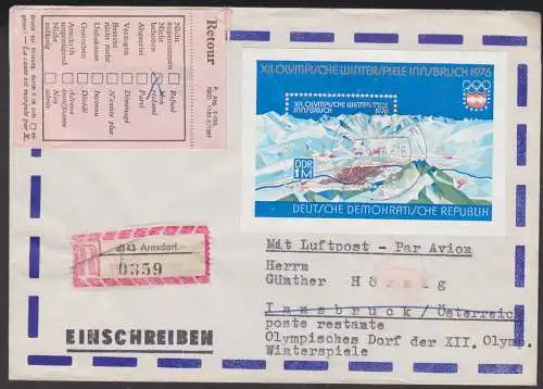 Olympische Winterspiele Innsbruck  1 M  R-Lp-Auslands-Bf Arnsdorf mit "zurück" DDR Block 42, an olymp. Dorf,