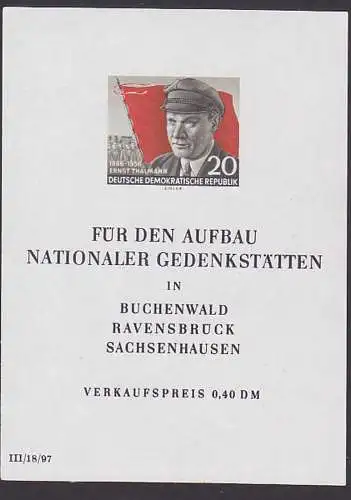 Ernst Thälmann  DDR Block 14 (520B) postfrisch, Nationale Gedenkstätten Buchenwald, Ravensbrück Sachsenhausen