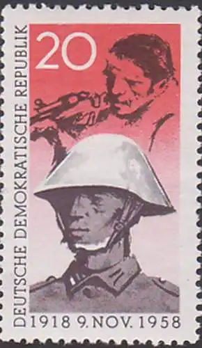 Novemberrevoution 1918 - 1958, DDR 662 postfrisch, Soldat mit Stahlhelm Arbeiter mit Gewehr