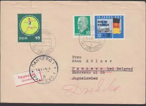 Fünfkampf WM  DDR 1137 Auslandsbrief nach Pancevo bei Belgrad aus Arnsdorf mit "zurück", 9.5.66