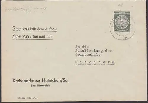 Mittweida 1959, Dienstpostbrief Sparkasse Werbung "Sparen hilft dem Aubau Sparen nützt auch Dir" Hainichen