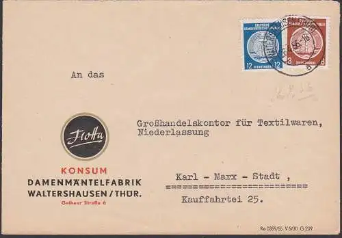 Waltershausen 1956 Dienstpostbrief Flotta KONSUM Damenmäntelfabrik