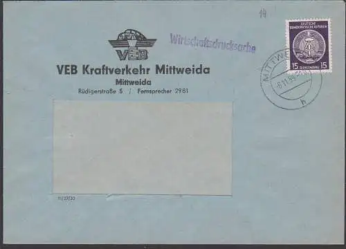 Mittweida 1959, Wirtschafts-Drucksache Dienstpostbrief VEB Kraftverkehr 15 Pf.  Hammer Zirkel Ährenkranz