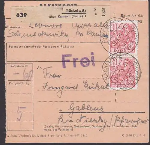 Räckelwitz üb. Kamenz (Sachs), Paketschein mit "FREI", 30 Pf. 5-Jahrplan II als MeF, 27.9.54, DDR 417(2) Volkstanzgruppe