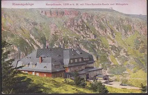 Hampelbaude mit Prinz-Heinrich-Baude Riesengebirge Sudetenland 1911 mit Bautenstempel bei Krummhübel