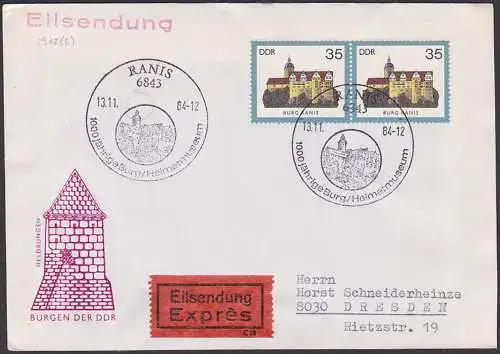 Burg Ranis Kreis Pößneck 35 Pf. Eil-Brief, portogenau DDR 2912(2), SoSt. vom 13.11.84