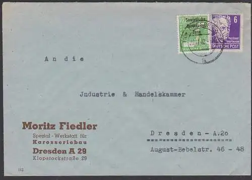 DRESDEN  11.11.48 SBZ Aufdruck in MiF mit 6 Pf Gerhart Hauptmann als Ortsbrief, rs. Vignette OEKONOM Briefverschluss