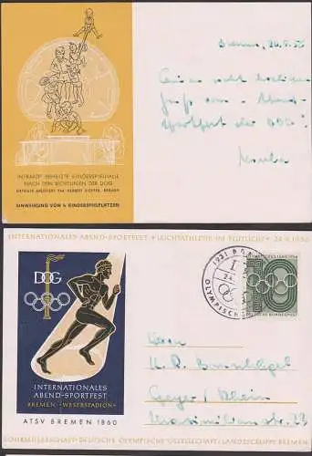 Bremen 24.9.1956 DOG SoSt. auf Sonderkarte Abend-Sportfest Weserstadion, beheizte Kinderspielhalle, Olympische Ringe