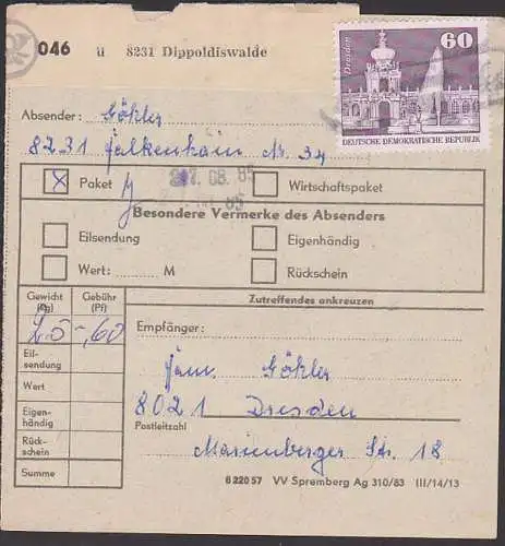 Paketkarte Dippoldiswalde 60 Pf Aufbau gr. Format, Dresden Kronentor Zwinger als EF DDR 1919, Abs. Falkenstein