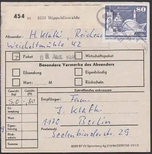 Paketkarte Dippoldiswalde 80 Pf Rostock-Warnemünde  Kröpeliner Tor, Teepott, DDR 1920, Reichenberg