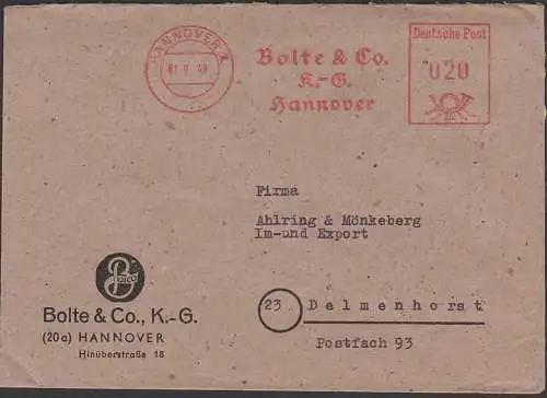 Hannover AFS 1.9. 1948 Bolte & Co. K- - G. nach Delmenhorst, Absenderfreistempel, neue Währung