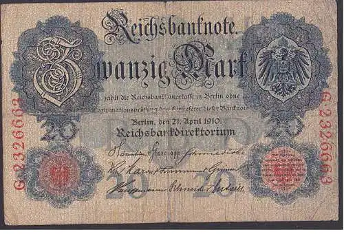 Reichsbanknote 20 Mark vom 21.4.1910 - Rosenberg 40, Starke Gebrauchsspuren
