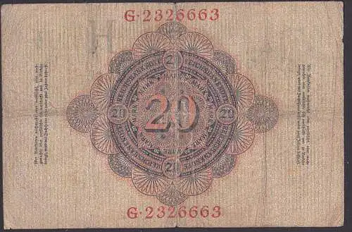 Reichsbanknote 20 Mark vom 21.4.1910 - Rosenberg 40, Starke Gebrauchsspuren