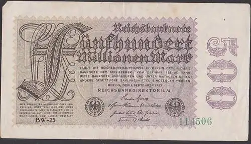 Reichsbanknote 500 Millionen vom 1.9.1923 - Rosenberg 109, Kb: BW-25