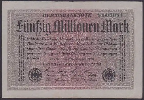 Reichsbanknote 50 Millionen - Rosenberg 108 mit FZ: 8B
