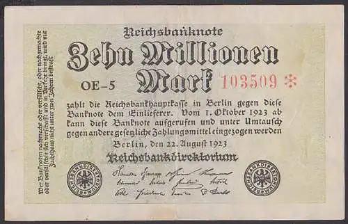Reichsbanknote 10 Millionen - Rosenberg 105 mit FZ: OE-5 Deutsches Reich