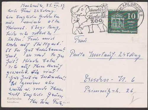Zoo Elefant Bär Affe Karlsruhe MWSt. "Besucht uns im Karlsruher Zoo" Ak Schlossturm 1957