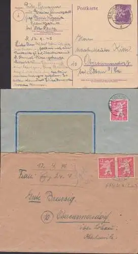 Berlin-Panow, Berliner Bär 3 Belege, dabei Berlin SW61 1.12.45, 6 Pfg. GA-Fernkarte