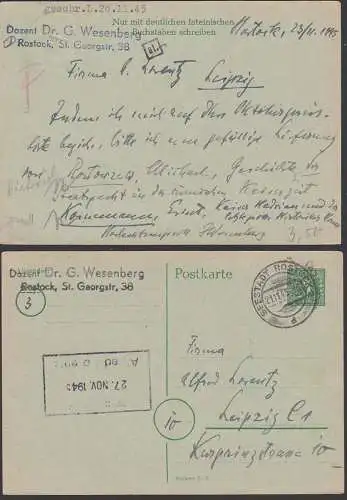 Seestadt Rostock Mecklenburg 6 Pf GA-Karte - portorichtig 21.11.45 nach Leipzig - Bedarf