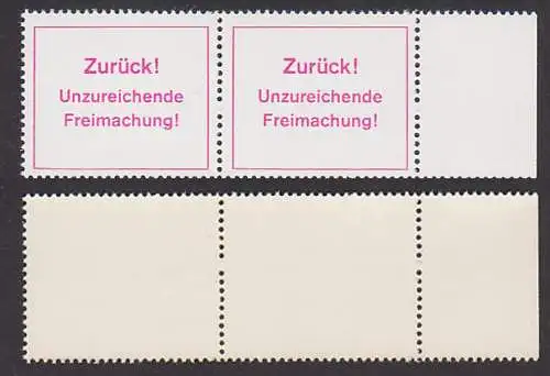 postintern DDR, Aufkleber "Zurück! Unzureichende Freimachung! Fehlbetrag ...Pf" Paar postfrisch