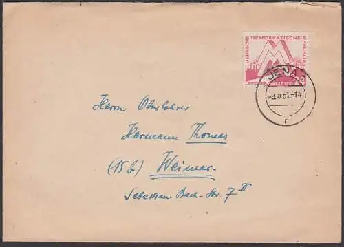 JENA Leipziger 24 Pf. Frühjahrsmesse DDR 282, Fernbrief, 9.9.51, MM, Messezeichen vor Industrieanlage
