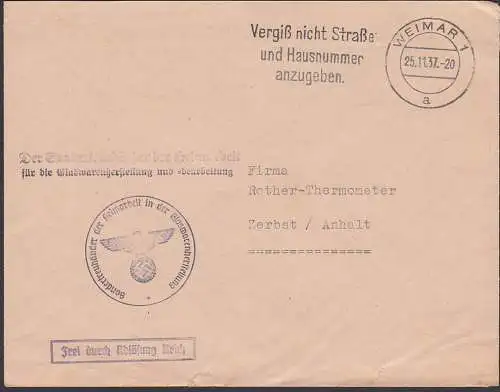 WEIMAR MWSt. "Vergiss nicht...", Frei durch Ablösung, Sondertreuhänder Heimarbeit Glaswarenherstellung  25.11.37