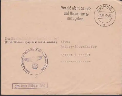 WEIMAR MWSt. "Vergiss nicht...", Frei durch Ablösung, Sondertreuhänder Heimarbeit Glaswarenherstellung  25.11.37