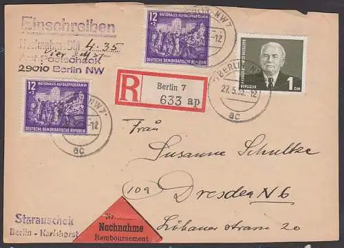 Berlin Nationales Aufbauwerk 12+3 (2) Pf mit 1 DM Pieck auf R-Brief BERLIN NW 7 mit Nachnahme, Brief-Vorderseite