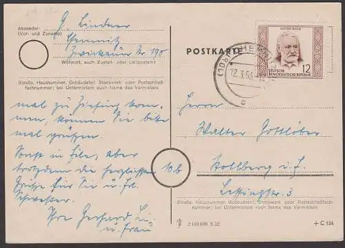 Victor Hugo französischer Dichter DDR 311 auf Karte aus Chemnitz 12.3.53, portogenau