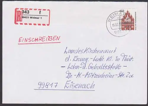 Weimar R-Zettel in neuer Form 1995 (nur kurze Zeit) verwendet R-Brief mit 450 Pf. "Neues Tor Neubrandenburg"