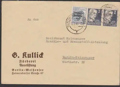 Käthe Kollwitz 2 Pf Köpfe in MiF mit 12 Pf. SBZ-Aufdruck, portogenau Ortsbrief Berlin-Weissensee 10.2.49, Färberei