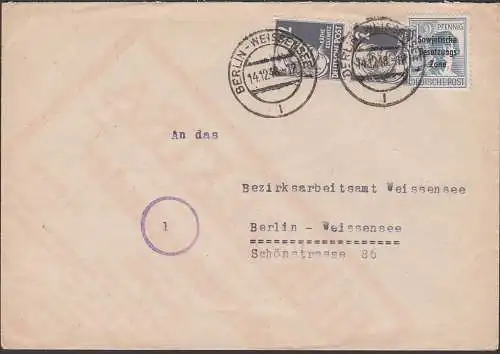 Käthe Kollwitz 2 Pf Köpfe in MiF mit 12 Pf. SBZ-Aufdruck, portogenau Ortsbrief Berlin-Weissensee 14.12.48