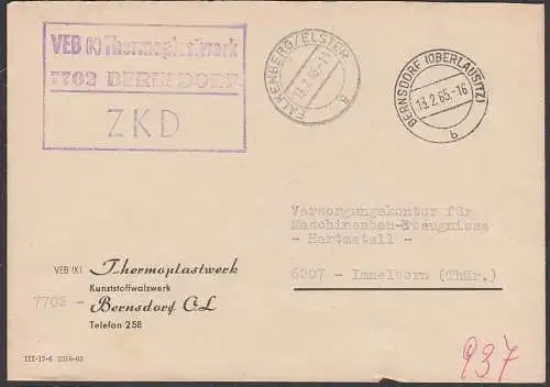 BERNSDORF (Oberlausitz) VEB(K) Thermoplastwerk Kunstsoffwalzwerk, ZKD-Kastenstempel 13.2.65
