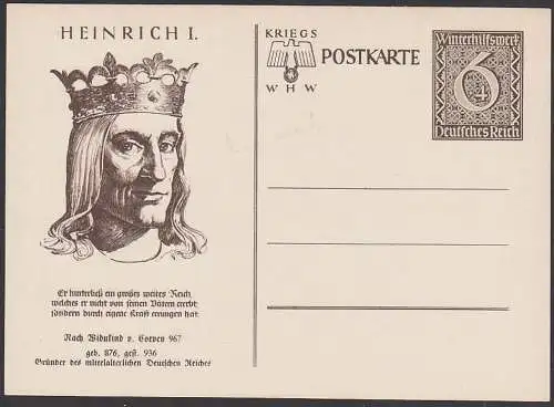GERMANY GA P 285/01 Heinrich I., Gründer des mittelalterlichen Deutschen Reiches, 6+4 Pf ungebraucht Kriegs WHW