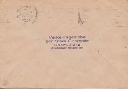 Propaganda "Wir arbeiten für den Frieden" Chemnitz Ortsbrief 11.2.1951, Friedenstaube, peace, Abs. Verkehrsbetriebe