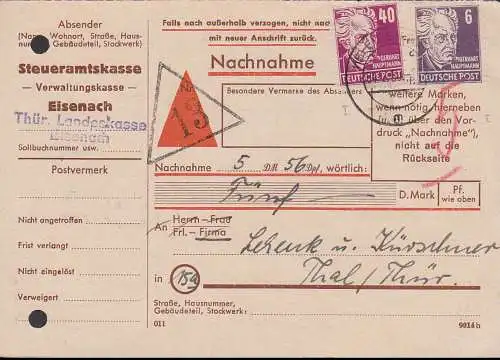 Nachnahme 1950, 6 und 40 Pf Köpfe I, Eisenach Steueramtskasse Thür. Landeskasse