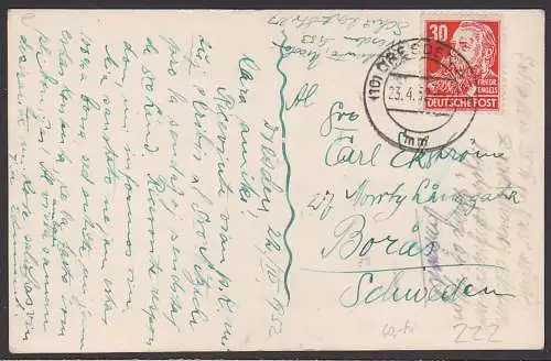 Friedrich Engels SBZ 222 auf Auslandskarte nach Schweden, portogenau 23.4.52 Köpfe I 30 Pf