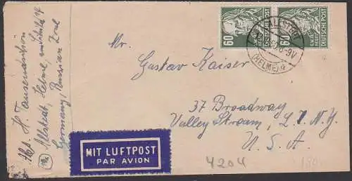 Köpfe I 60 Pf Hegel SBZ 225 auf Auslandsbrief Luftpost nach Amerika aus Allstedt (Helme) 1950