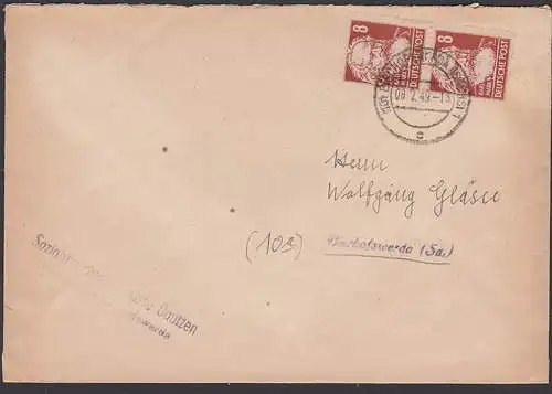 SBZ 214, 8 Pf Karl Marx Ortsbrief 8.2.49, portogenaue MeF, Bischofswerda Sachsen, Abs. Sozialversicherungskasse