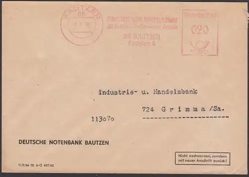 BAUTZEN, AFS =DP 020= 1968 Industrie- und Handelsbank der DDR, Deutsche Notenbank, "Nicht nachsenden, sondern .."