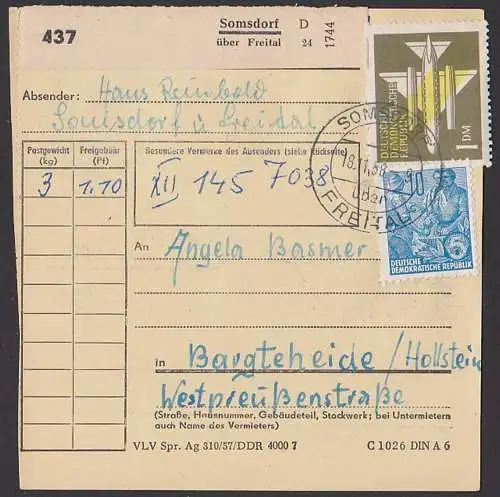 Somsdorf üb. Freital Paketschein 18.11.58, 1,10 Porto, dabei 1 DM Flugpost in Ausland mit Vermerk Personalausweis-Nr.