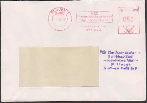 PLAUEN, 50 Pf.  AFS 13.8.90, Fa.-Umbenennung von VEB in GmbH, hier noch nicht, "VEB Maschinenhandel Karl-Marx-Stadt.."