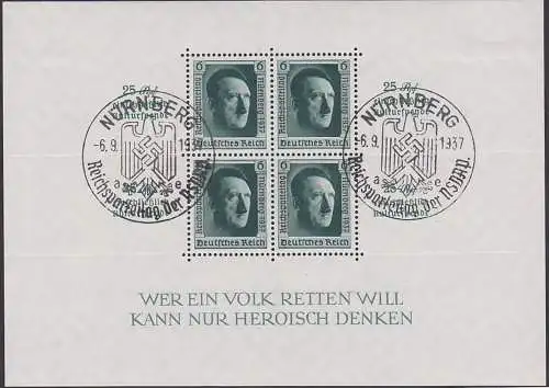 Germany 1937 Bl. 11, SoSt. "Reichsparteitag" Nürnberg 6.9.37 Deutsches Reich
