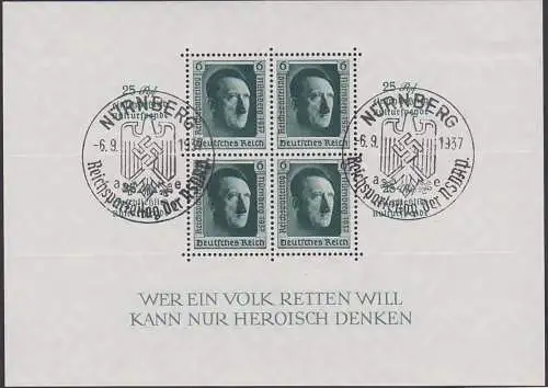 Germany 1937 Bl. 11, SoSt. "Reichsparteitag" Nürnberg 6.9.37 Deutsches Reich