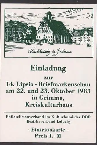 GRIMMA Einladungskarte 1983 mit Abb. Rathaus, Frankatur DDR 2743, Eintrittskarte zu 1,- M
