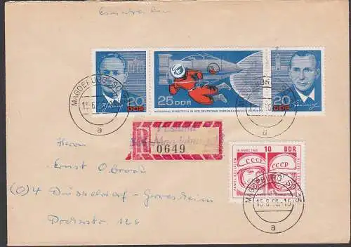 Alexej Leonow, Pawel Beljajew Kosmonautenbesuch R-Brief DDR Zdr. 1138/40 portogenau, Aushilfs-R-Zettel Postamt Magdeburg