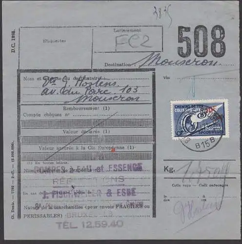 Spoorwegen geflügeltes Rad, Paketbegleitbrief Bruxelles Brüssel 1947